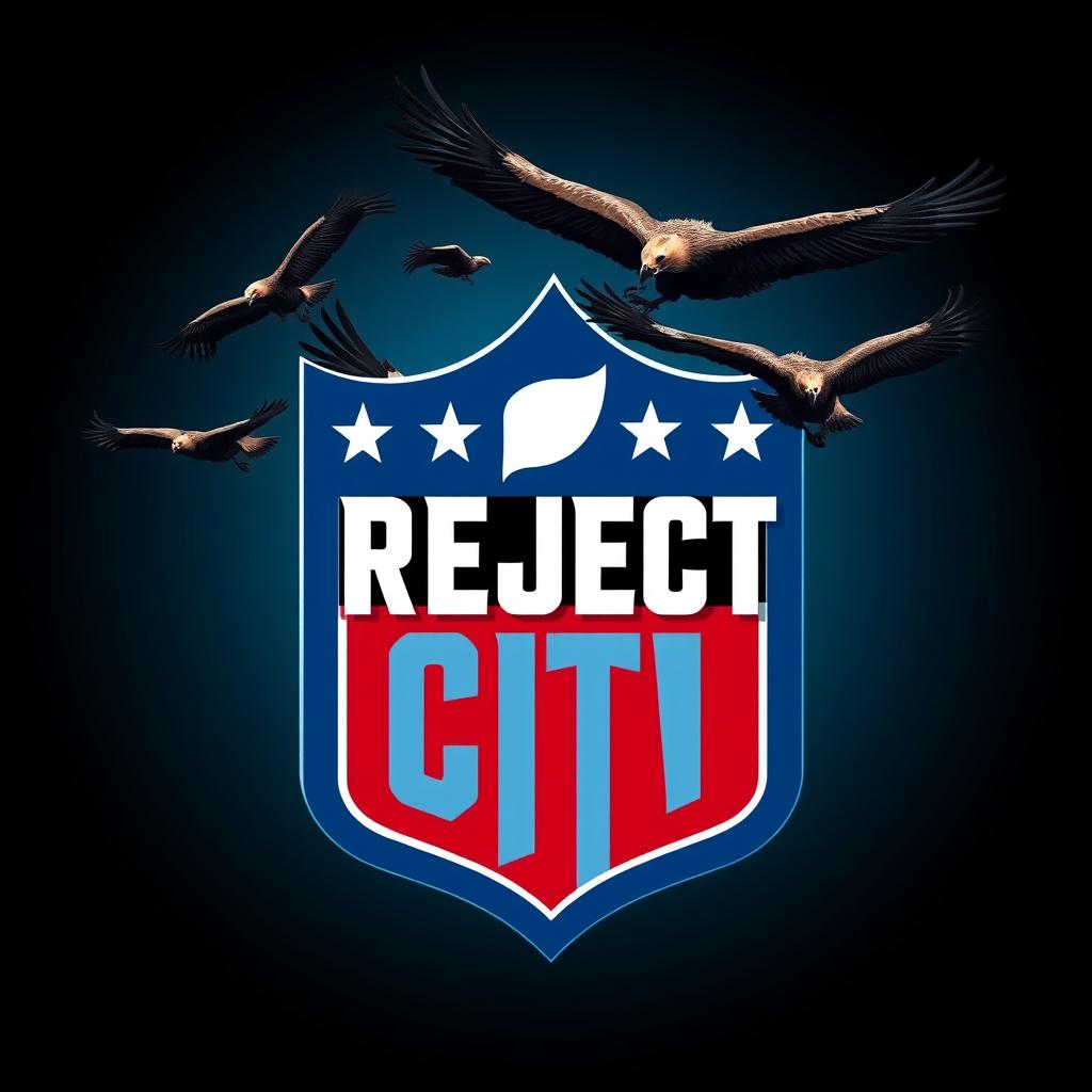 A reimagined version of the NFL logo featuring 'REJECT CITY' prominently displayed in bold, striking typography, replacing the NFL lettering