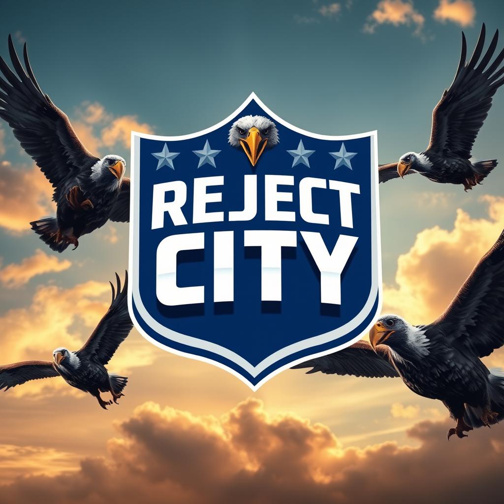 A creative reinterpretation of the NFL logo featuring the phrase 'REJECT CITY' in bold, striking letters replacing 'NFL', with a prominent 'Y' to emphasize the unique branding