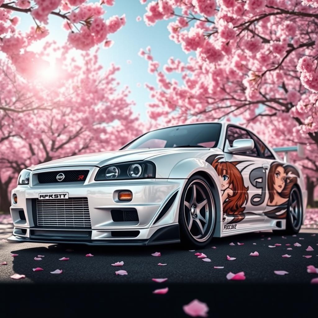 A white Nissan R34 adorned with a black Rocket Bunny wide body kit, showcasing an intricate anime print design on the car's body