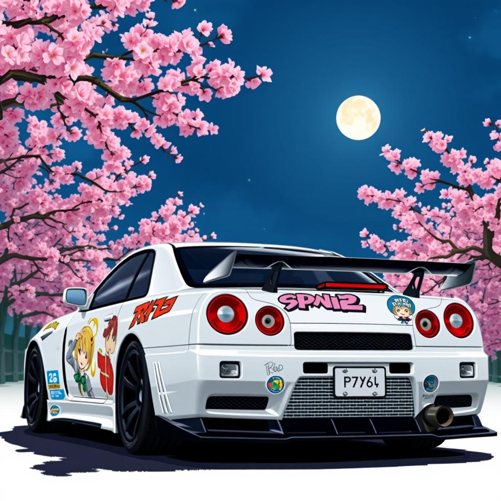 A white Nissan R34 with a sleek black Rocket Bunny kit, parked against a realistic nighttime Sakura background