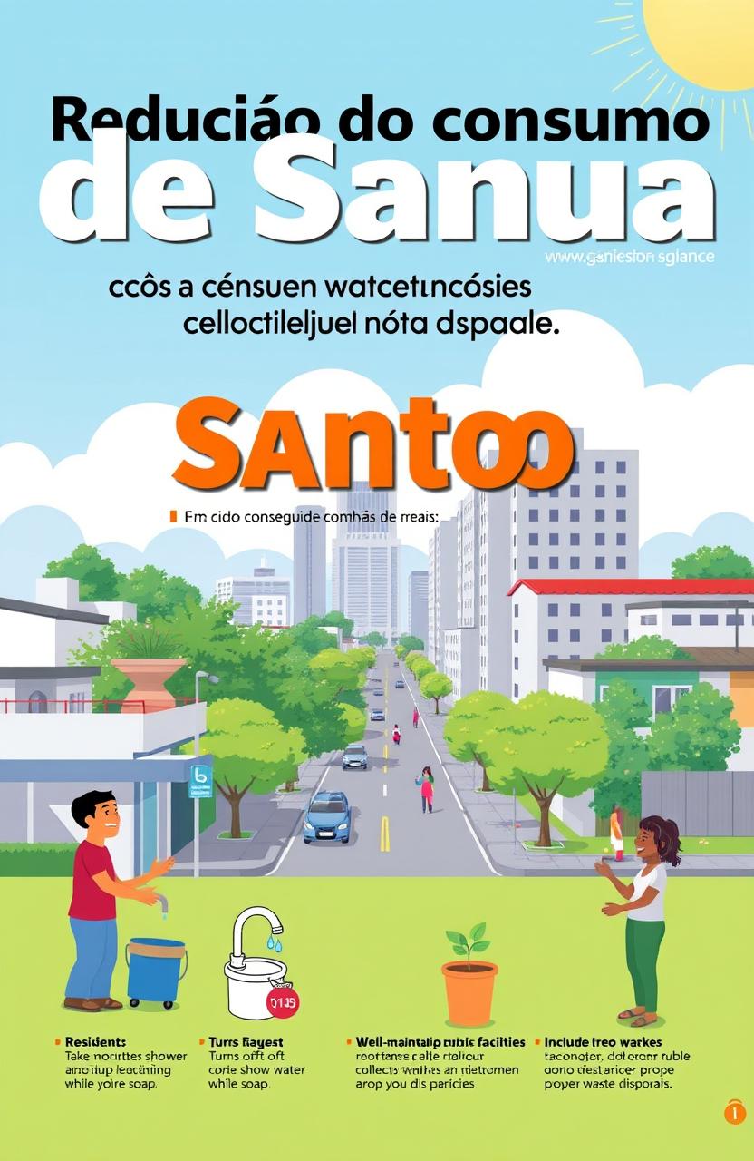 Cover of a magazine featuring the headline "Redução do consumo de água em Santos: como a cidade conseguiu economizar milhões de reais"