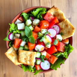 A vibrant and colorful bowl of Fattoush salad, showcasing fresh ingredients like crisp romaine lettuce, ripe tomatoes, diced cucumbers, radishes, and aromatic fresh herbs like mint and parsley