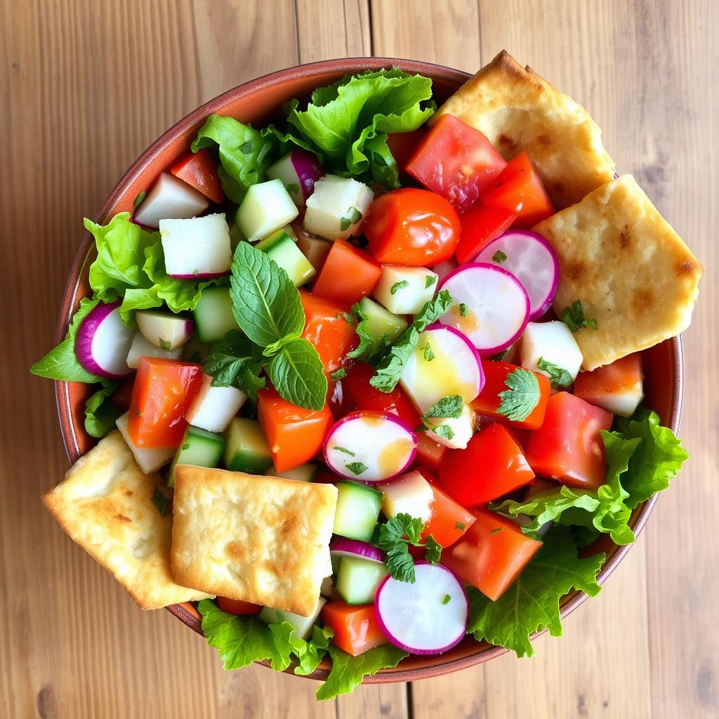 A vibrant and colorful bowl of Fattoush salad, showcasing fresh ingredients like crisp romaine lettuce, ripe tomatoes, diced cucumbers, radishes, and aromatic fresh herbs like mint and parsley
