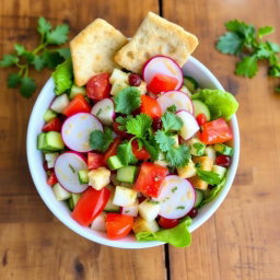 A vibrant and colorful bowl of Fattoush salad, showcasing fresh ingredients like crisp romaine lettuce, ripe tomatoes, diced cucumbers, radishes, and aromatic fresh herbs like mint and parsley