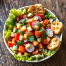 A vibrant and colorful bowl of Fattoush salad, showcasing fresh ingredients like crisp romaine lettuce, ripe tomatoes, diced cucumbers, radishes, and aromatic fresh herbs like mint and parsley