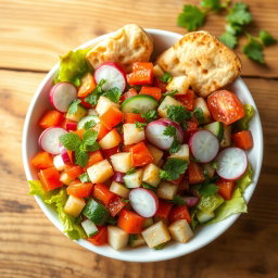 A vibrant and colorful bowl of Fattoush salad, showcasing fresh ingredients like crisp romaine lettuce, ripe tomatoes, diced cucumbers, radishes, and aromatic fresh herbs like mint and parsley