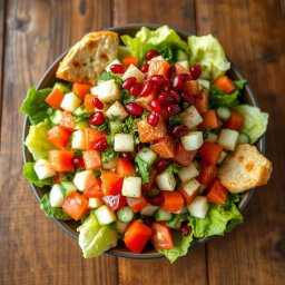 A vibrant and colorful Fattoush salad, featuring fresh ingredients like crisp romaine lettuce, juicy ripe tomatoes, diced cucumbers, finely chopped parsley, and green onions
