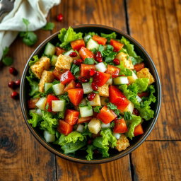 A vibrant and colorful Fattoush salad, featuring fresh ingredients like crisp romaine lettuce, juicy ripe tomatoes, diced cucumbers, finely chopped parsley, and green onions