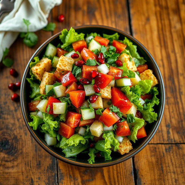 A vibrant and colorful Fattoush salad, featuring fresh ingredients like crisp romaine lettuce, juicy ripe tomatoes, diced cucumbers, finely chopped parsley, and green onions