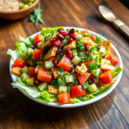 A vibrant and colorful Fattoush salad, featuring fresh ingredients like crisp romaine lettuce, juicy ripe tomatoes, diced cucumbers, finely chopped parsley, and green onions