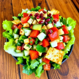 A vibrant and colorful Fattoush salad, featuring fresh ingredients like crisp romaine lettuce, juicy ripe tomatoes, diced cucumbers, finely chopped parsley, and green onions