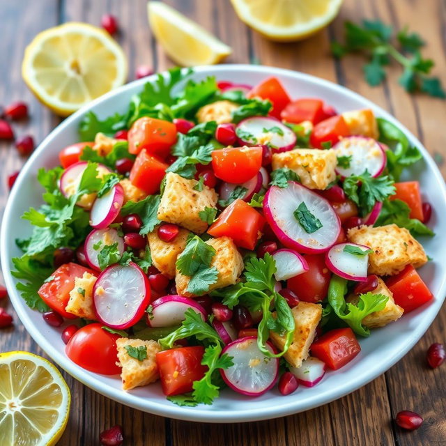 A vibrant, colorful plate of Fattoush salad featuring fresh, crisp greens, ripe tomatoes, and radishes, combined with pieces of toasted pita bread
