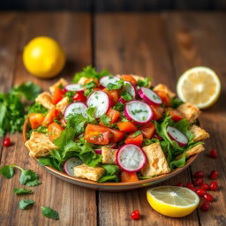 A vibrant, colorful plate of Fattoush salad featuring fresh, crisp greens, ripe tomatoes, and radishes, combined with pieces of toasted pita bread