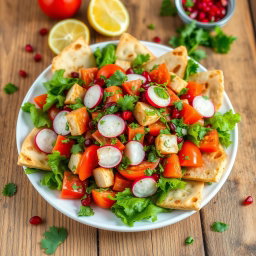 A vibrant, colorful plate of Fattoush salad featuring fresh, crisp greens, ripe tomatoes, and radishes, combined with pieces of toasted pita bread