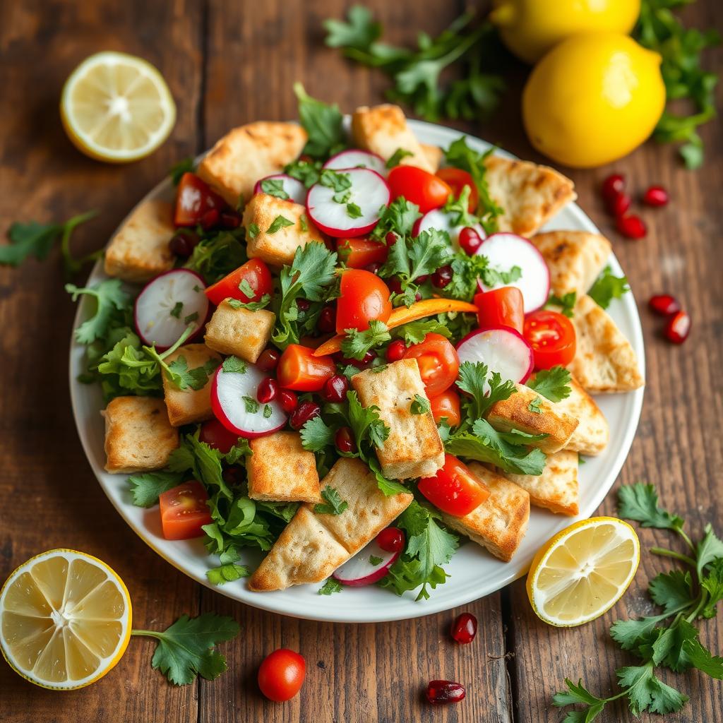 A vibrant, colorful plate of Fattoush salad featuring fresh, crisp greens, ripe tomatoes, and radishes, combined with pieces of toasted pita bread