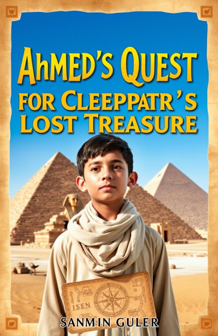 An adventurous cover for an eBook titled 'Ahmed's Quest for Cleopatra's Lost Treasure'