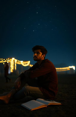 A poignant and emotionally charged scene capturing Rohan sitting alone beneath a starlit sky, lost in thought