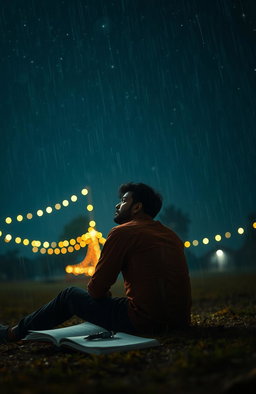 A poignant and emotionally charged scene capturing Rohan sitting alone beneath a starlit sky, lost in thought