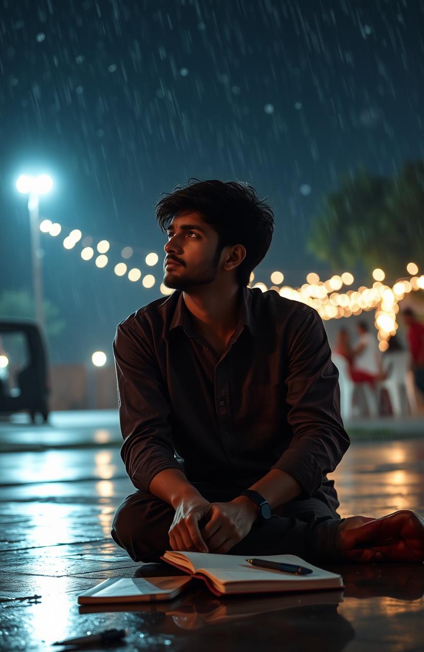 A poignant and emotionally charged scene capturing Rohan sitting alone beneath a starlit sky, lost in thought