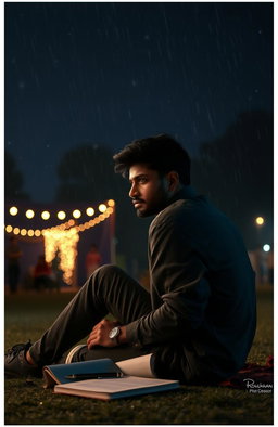 A poignant and emotionally charged scene capturing Rohan sitting alone beneath a starlit sky, lost in thought