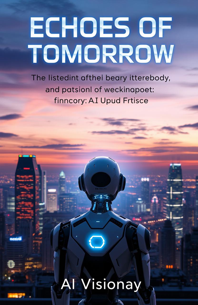 The front cover of a make-believe book titled "Echoes of Tomorrow: The Story of Artificial Intelligence and Humanity's Future" features a striking digital artwork that depicts a futuristic city skyline under a twilight sky, glowing with neon lights and advanced technology