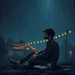 A deeply emotional scene of Rohan sitting alone beneath a starlit sky, his face reflecting sorrow and longing as he contemplates his unrequited love for Aisha