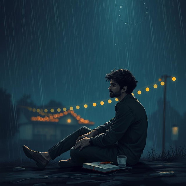 A deeply emotional scene of Rohan sitting alone beneath a starlit sky, his face reflecting sorrow and longing as he contemplates his unrequited love for Aisha