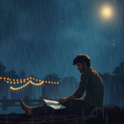 A deeply emotional scene of Rohan sitting alone beneath a starlit sky, his face reflecting sorrow and longing as he contemplates his unrequited love for Aisha