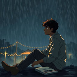 A deeply emotional scene of Rohan sitting alone beneath a starlit sky, his face reflecting sorrow and longing as he contemplates his unrequited love for Aisha