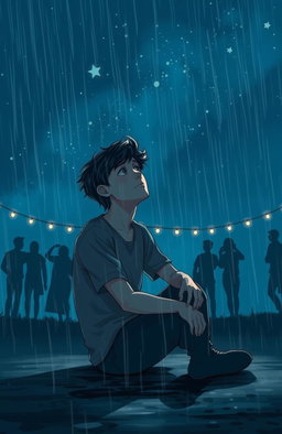 A heartfelt scene depicting Rohan sitting alone beneath a starry night sky, surrounded by twinkling stars and a deep blue hue, conveying the emotions of longing and heartbreak
