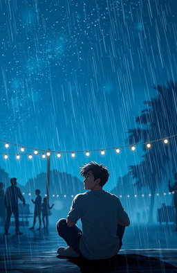 A heartfelt scene depicting Rohan sitting alone beneath a starry night sky, surrounded by twinkling stars and a deep blue hue, conveying the emotions of longing and heartbreak
