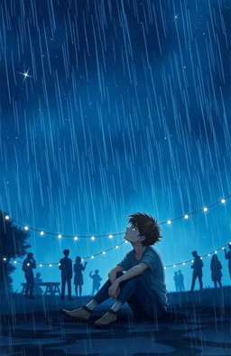 A heartfelt scene depicting Rohan sitting alone beneath a starry night sky, surrounded by twinkling stars and a deep blue hue, conveying the emotions of longing and heartbreak