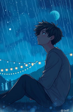 A heartfelt scene depicting Rohan sitting alone beneath a starry night sky, surrounded by twinkling stars and a deep blue hue, conveying the emotions of longing and heartbreak