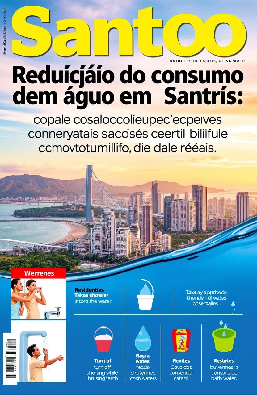 A vibrant magazine cover featuring the beautiful skyline of Santos, São Paulo, with a strong emphasis on water conservation