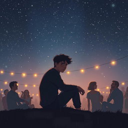 A poignant scene illustrating Rohan seated alone under a vast, starry night sky, capturing the essence of his unfulfilled love and heartbreak