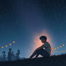 A poignant scene illustrating Rohan seated alone under a vast, starry night sky, capturing the essence of his unfulfilled love and heartbreak