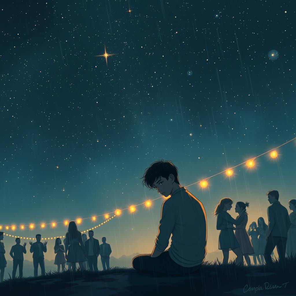 A poignant scene illustrating Rohan seated alone under a vast, starry night sky, capturing the essence of his unfulfilled love and heartbreak