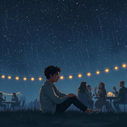 A poignant scene illustrating Rohan seated alone under a vast, starry night sky, capturing the essence of his unfulfilled love and heartbreak