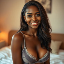 A stunning 25-year-old woman with beautiful dark skin, dressed in sexy, torn and slightly soiled lingerie that emphasizes her generous décolletage