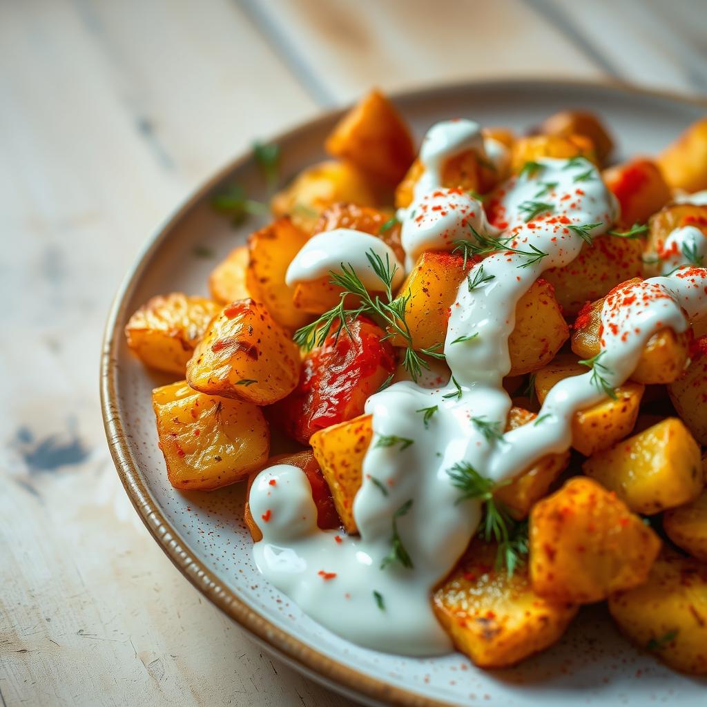 A delicious roasted potato salad sprinkled with paprika, drenched in a creamy yogurt and dill sauce