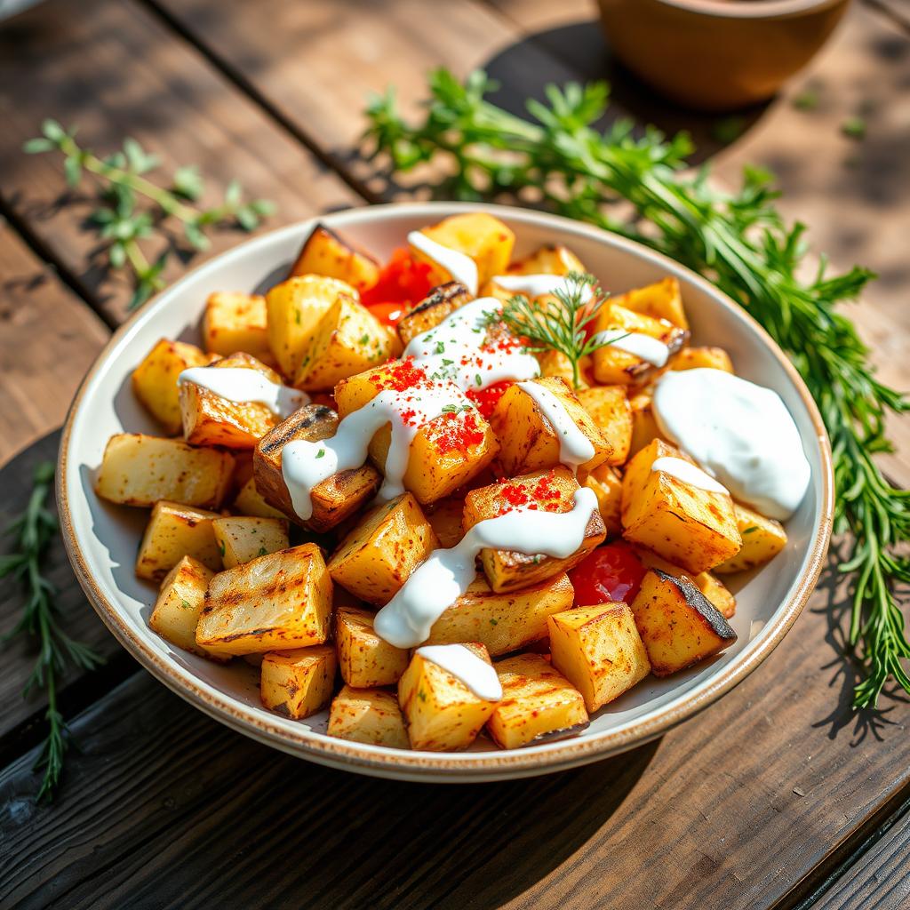 A delicious and colorful grilled potato salad, featuring golden-brown grilled potatoes tossed with a sprinkle of vibrant paprika