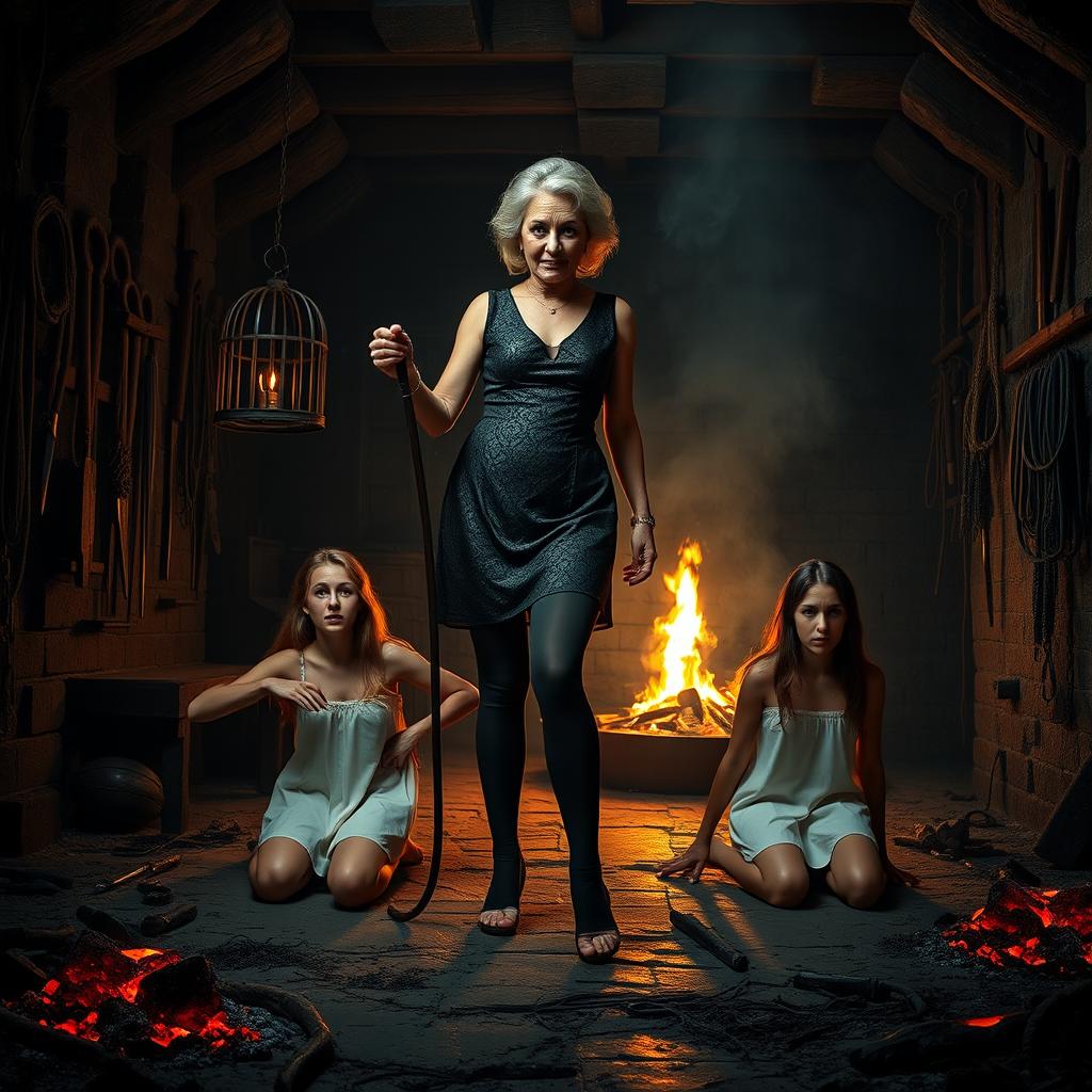 A 70-year-old tall, skinny aristocratic grandmother wearing high heels and leggings, confidently holding a menacing long whip, stands in a dimly lit dungeon
