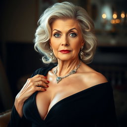 A gorgeous 65-year-old woman dressed in elegant mourning attire, exuding a striking presence