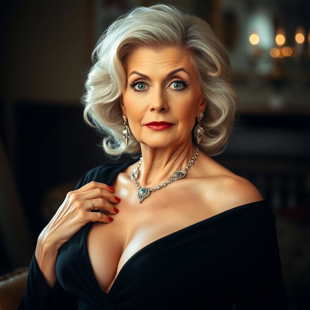 A gorgeous 65-year-old woman dressed in elegant mourning attire, exuding a striking presence