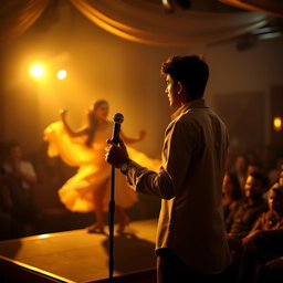 A heart-wrenching scene capturing Rohan standing on stage with a microphone, surrounded by an audience, while Aisha dances gracefully with her junior partner