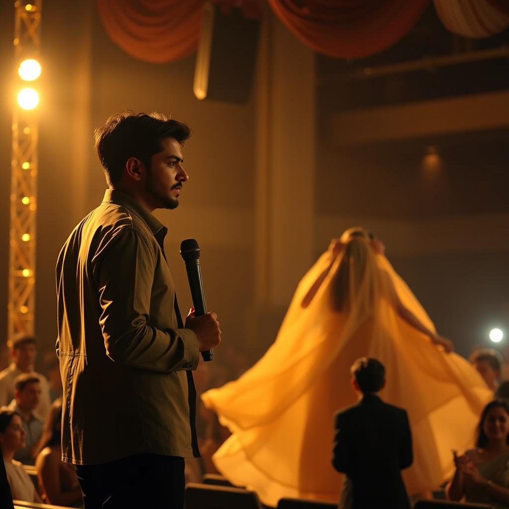 A heart-wrenching scene capturing Rohan standing on stage with a microphone, surrounded by an audience, while Aisha dances gracefully with her junior partner