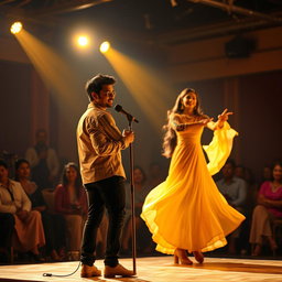 A heart-wrenching scene capturing Rohan standing on stage with a microphone, surrounded by an audience, while Aisha dances gracefully with her junior partner