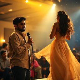 A heart-wrenching scene capturing Rohan standing on stage with a microphone, surrounded by an audience, while Aisha dances gracefully with her junior partner