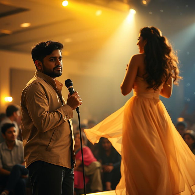 A heart-wrenching scene capturing Rohan standing on stage with a microphone, surrounded by an audience, while Aisha dances gracefully with her junior partner