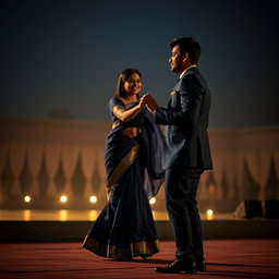 A captivating scene of Aisha stepping onto the stage in a flowing midnight blue saree, the fabric fluttering elegantly as she turns to extend her hand towards a junior who joins her
